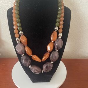 Women’s Multi-Strand Beaded Necklace in Olive, Orange & Gray - Designer Style